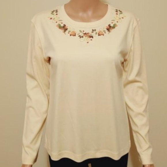 So Nikki Tops - NIKKI Soft Sand Embroidered Multi Floral at below Neckline Top Size S NWT